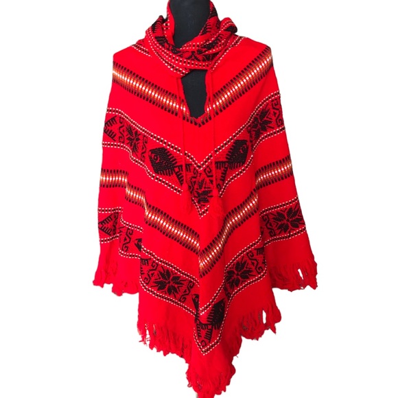Hippie Poncho Shawl Red Fish Boho StripeGeo Knit Cape Blanket Vintage Fe… - Picture 1 of 12